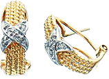 14kt Two Tone Paved Diamond Cross Stitch Hoop Earrings